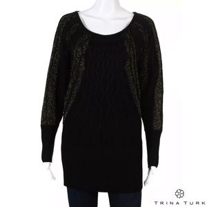 TRINA TURK Blk/Silv Metallic Bat Wing Wool Sweater